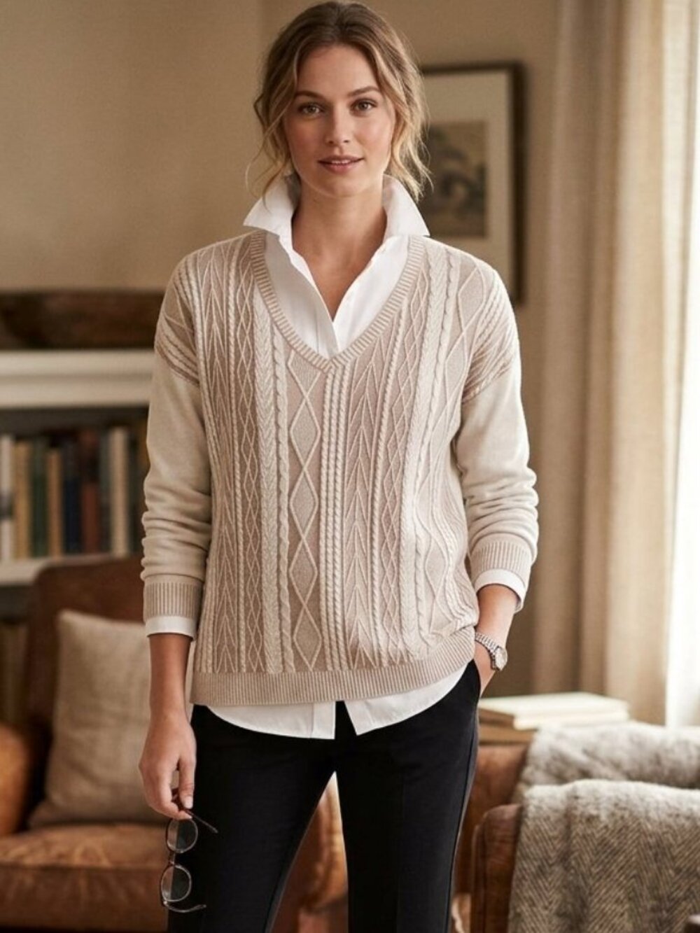 Woolrich Tan V-neck Cable Knit Cozy Lightweight Sweater 4696